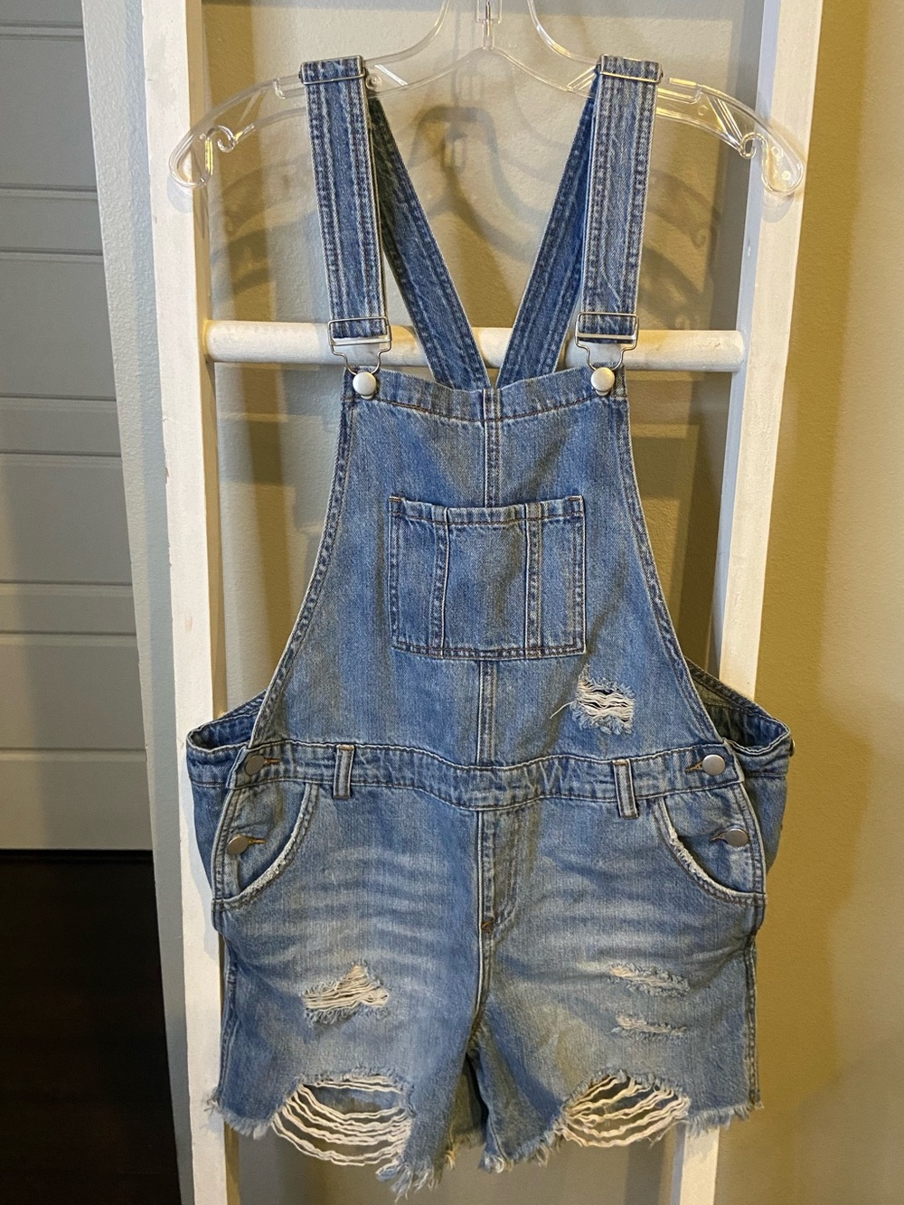Ripe Light Blue Maternity Denim Short Overalls with Metal Logo Plate